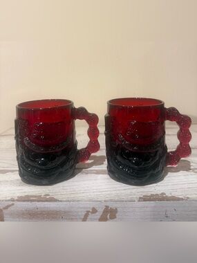 Vintage Arcoroc France Ruby Red Glass Snowman Mugs - Set of 2